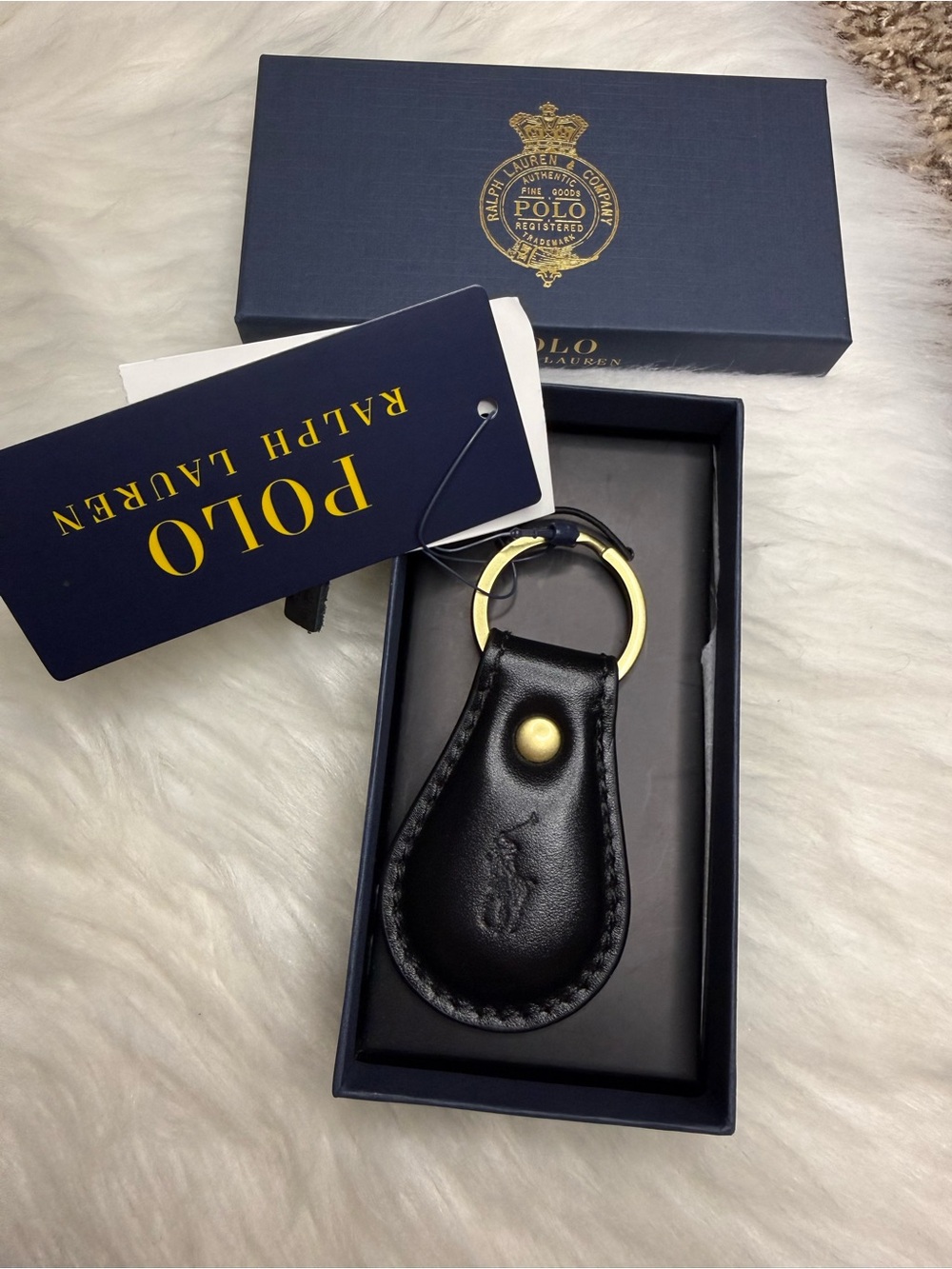 Polo Ralph Lauren Keychain Key Fob Key Ring Leather Black new with box